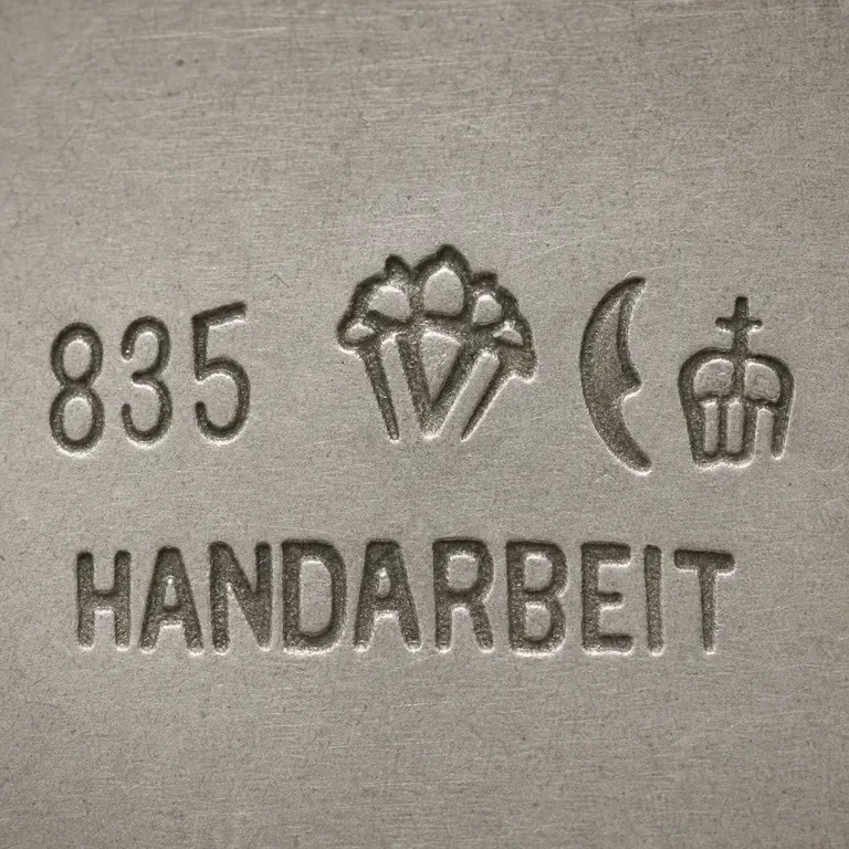 looking for info: Exact 835, crowned V/W-like monogram, crescent, crown, and HANDARBEIT; oxidized reconstruction.