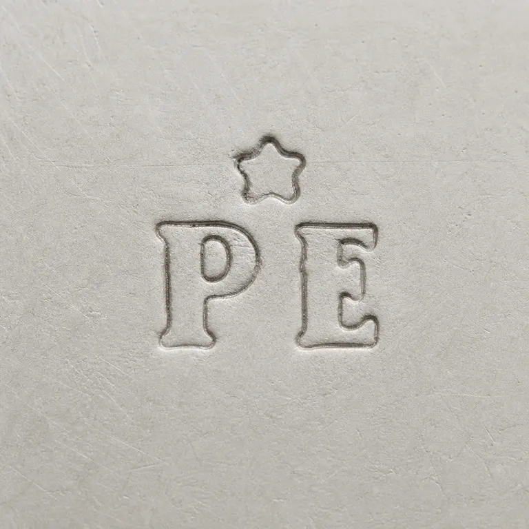 William Pearson: P E arranged left to right with a detached star-like or floral impression above plain field; oxidized reconstruction.
