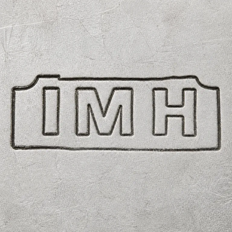 I M H: Square contour reconstruction preserves the horizontal framed I M H sequence, frame shape, proportions, and orientation; oxidized reconstruction.