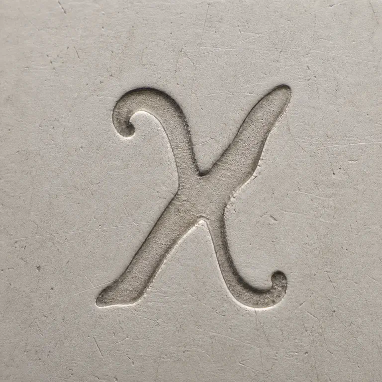 St. Petersburg: One isolated crossed chi-like glyph with a curled upper-left arm and curled lower-right arm; oxidized reconstruction.