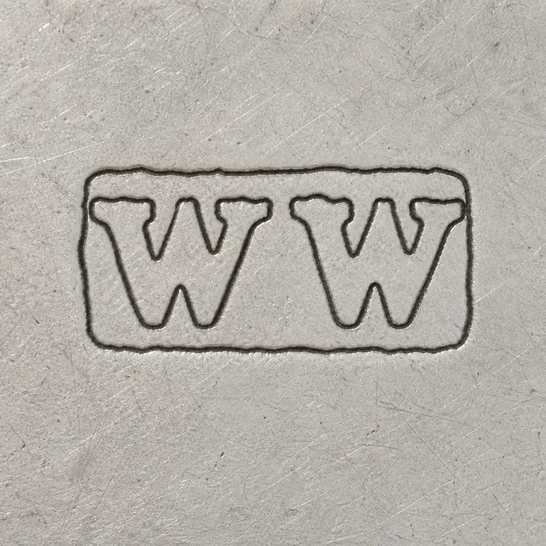William Weston: the two adjacent W-like forms and worn rectangular cartouche with only the supported gap and no invented central symbol; oxidized reconstruction.