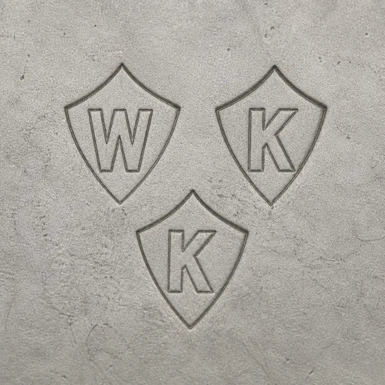Kay & Co Ltd (William Kilbourne Kay): Clean redraw preserves the triangular arrangement of W, K, and K shield punches; oxidized reconstruction.