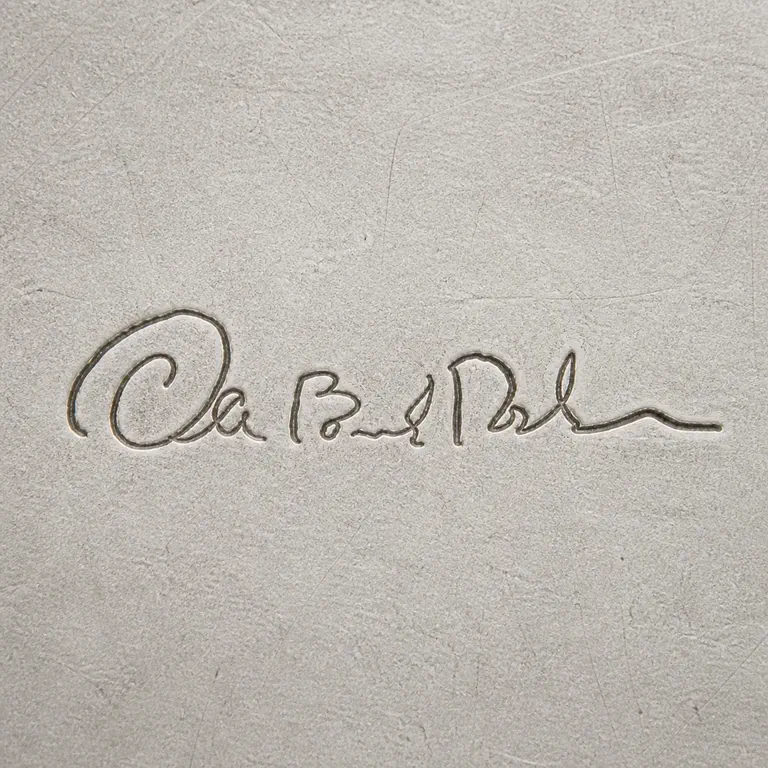 O.A.: Reconstruction preserves the large left loop, connected middle strokes, tall terminal loop, and rightward tail without assigning a textua…; oxidized reconstruction.