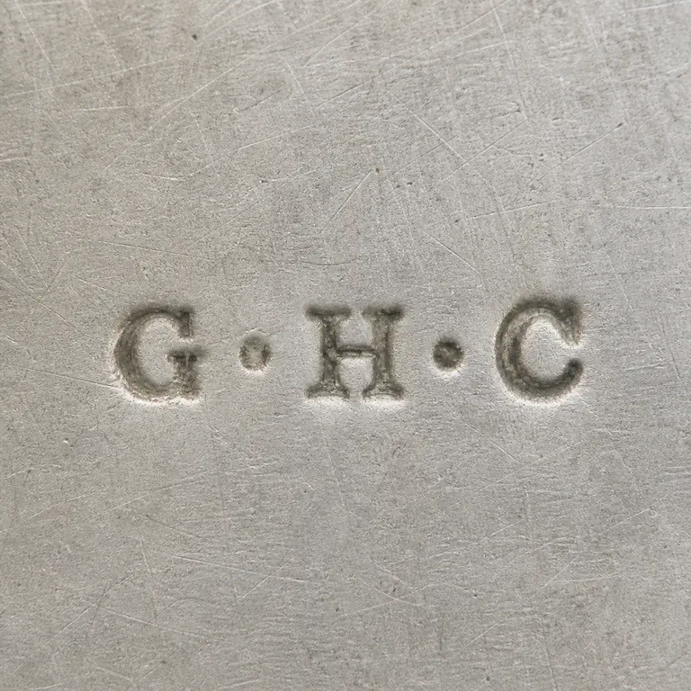 George Henry Cowell Sterling Goblet 1910 London: Uppercase G, centered pellet, uppercase H, second centered pellet, and uppercase C unenclosed horizontal line; oxidized reconstruction.