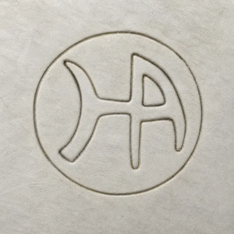 Hector Aguilar: One circular field contains the joined HA-like monogram with crescent left stroke, angular right stroke, and shared crossbar; oxidized reconstruction.