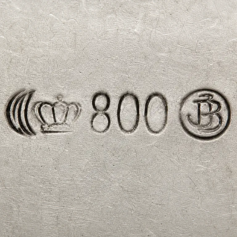 Robert Altermann: Three crescent arcs, crown, 800, circled overlapping JB-like monogram; oxidized reconstruction.