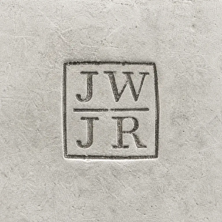 John Whip & John Rose: Uppercase J and W on the upper tier and uppercase J and R on the lower tier, arranged JW / JR inside one compact square cartouche with a…; oxidized reconstruction.