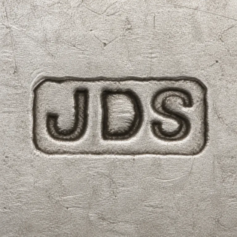J D S: Unfilled rectangular plaque with J-D-S sequence, left-to-right order, generous crop, and irregular outer border; oxidized reconstruction.