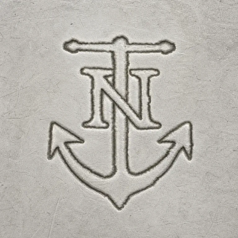 William Nost Co.: An upright anchor with top crossbar, a central N-like initial crossing the shank, curved lower arms, and two pointed flukes; oxidized reconstruction.