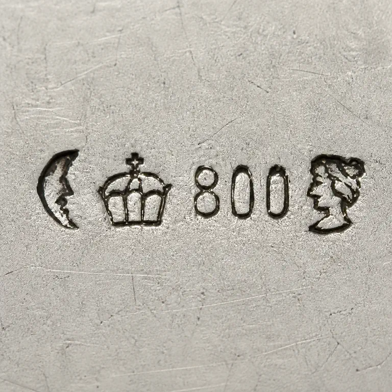 Julius Lemor: Profile-like crescent, crown, 800, and facing profile emblem; oxidized reconstruction.