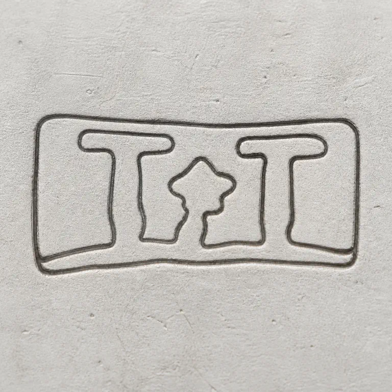 T T: Source-linked two T-like forms, central worn connector, and compact rectangular border retained; oxidized reconstruction.