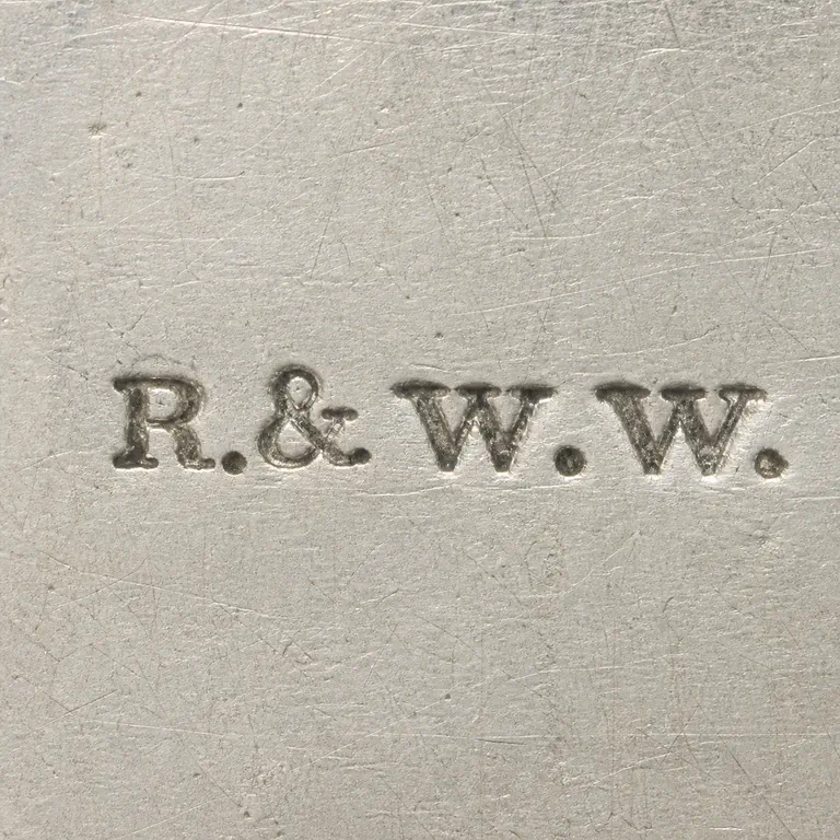 Robert & William Wilson: Exact uppercase R.& W.W. with ampersand and all visible periods horizontal line; oxidized reconstruction.
