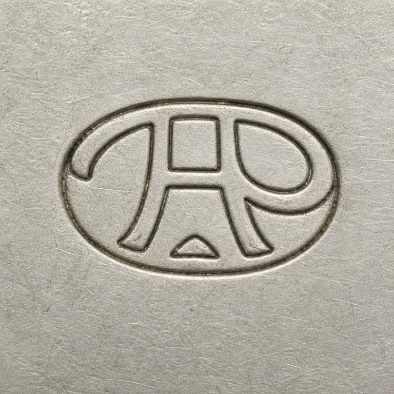 Theodore Hanford Pond: An interlaced THP-style monogram within a horizontal oval border; oxidized reconstruction.