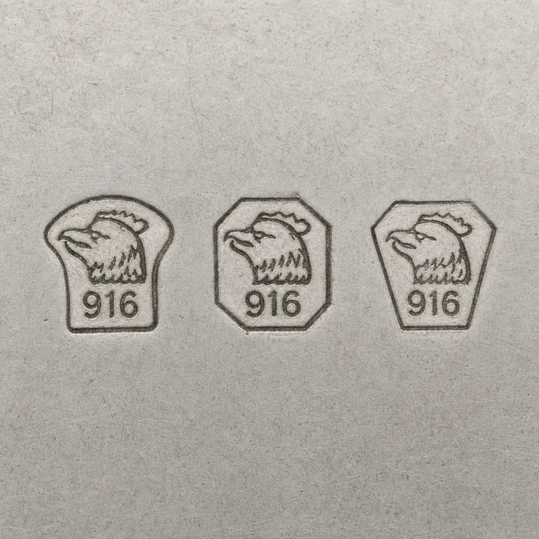 Large Articles FIRST STANDARD .916 Large Articles SECOND STANDARD .833: small mark 916 silver; oxidized reconstruction.