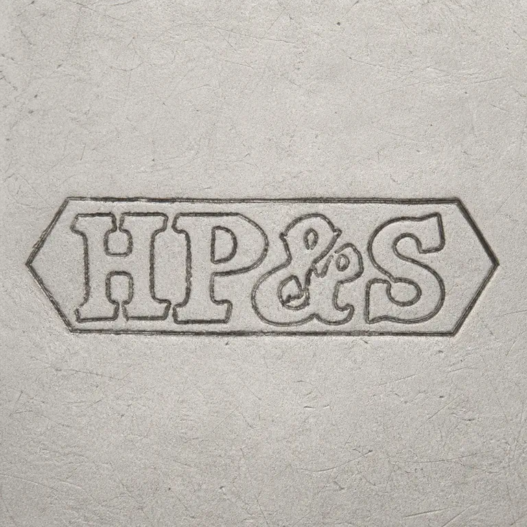 Henry Perkins & Sons: Monochrome reconstruction preserves the H.P.&S-like sequence, compact spacing, single long pointed-end punch, and left-to-right orientation; oxidized reconstruction.