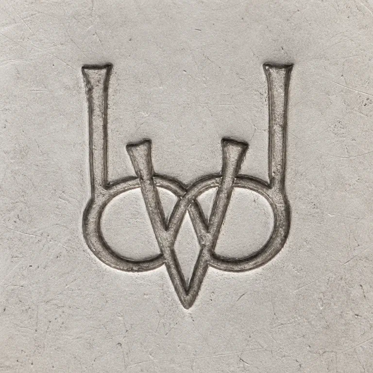 O.A.: Reconstruction preserves two tall outer uprights, paired lower loops, central crossing strokes, and a pointed lower join with no external…; oxidized reconstruction.