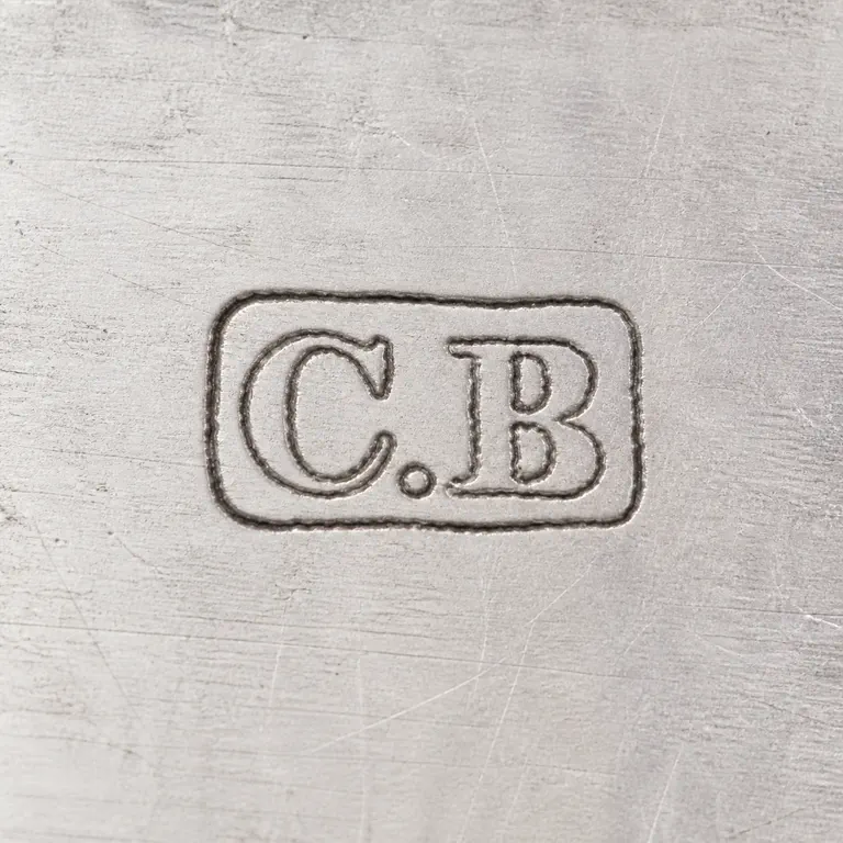 William Beatson & Sons: C.B in very small worn serif capitals with one period between C and B, inside one compact rectangular cartouche; oxidized reconstruction.