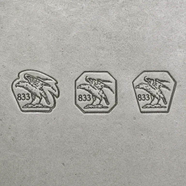 Large Articles FIRST STANDARD .916 Large Articles SECOND STANDARD .833: large mark 833 silver; oxidized reconstruction.