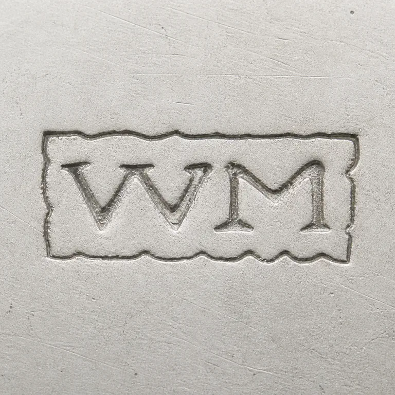 William Moulton I: Exact uppercase WM inside one worn horizontal rectangular cartouche with an uneven lower edge; oxidized reconstruction.